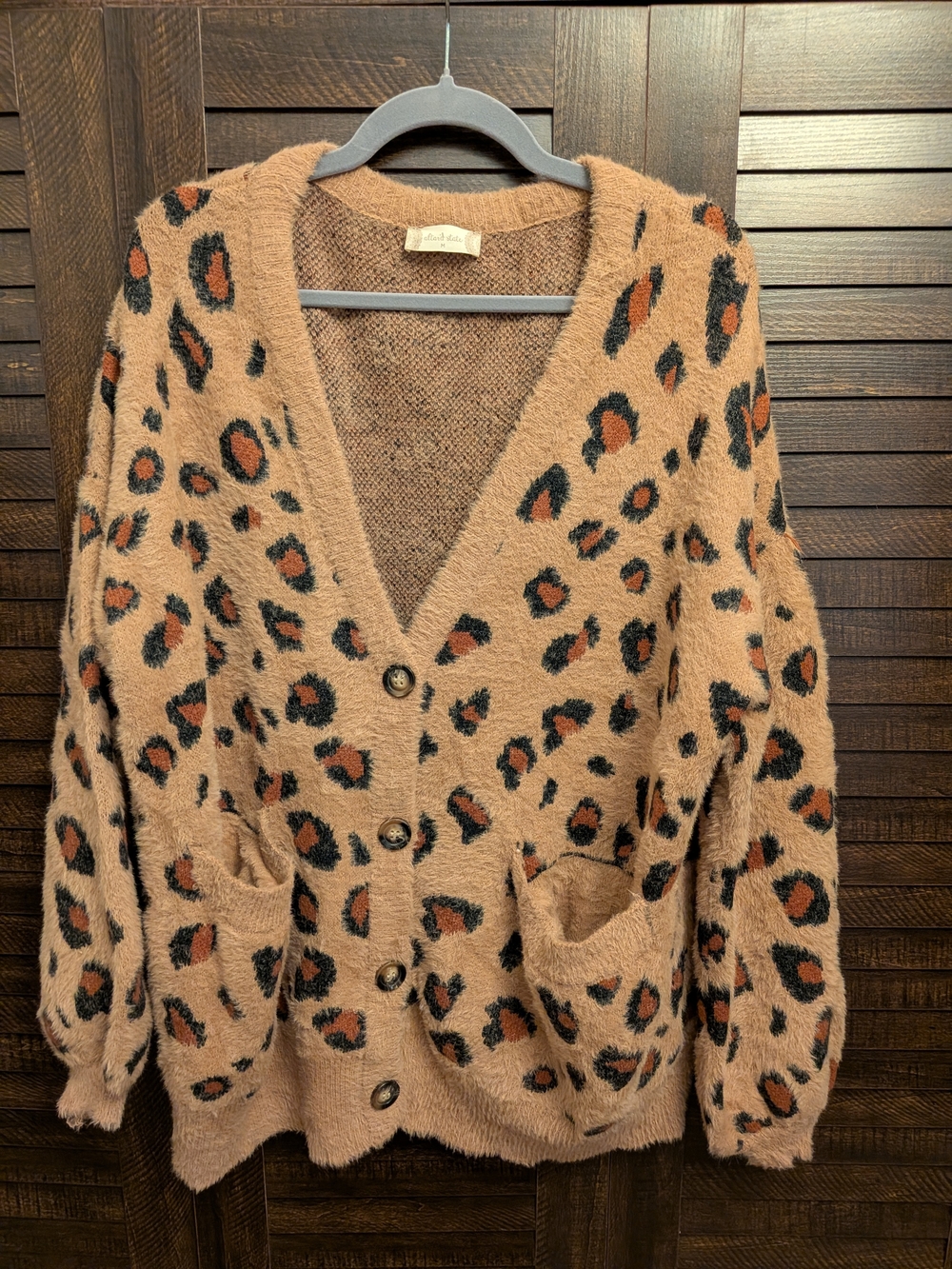 Altar'd State Camel Leopard-Print Button Cardigan with Black & Rust Spots - Picture 1 of 6